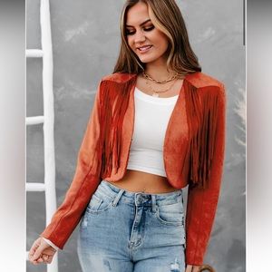 Western skies faux suede cropped fringe jacket ( brick )